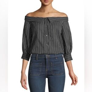 Veronica Beard Britta Black Striped off-shoulder button front blouse shirt Sz 8
